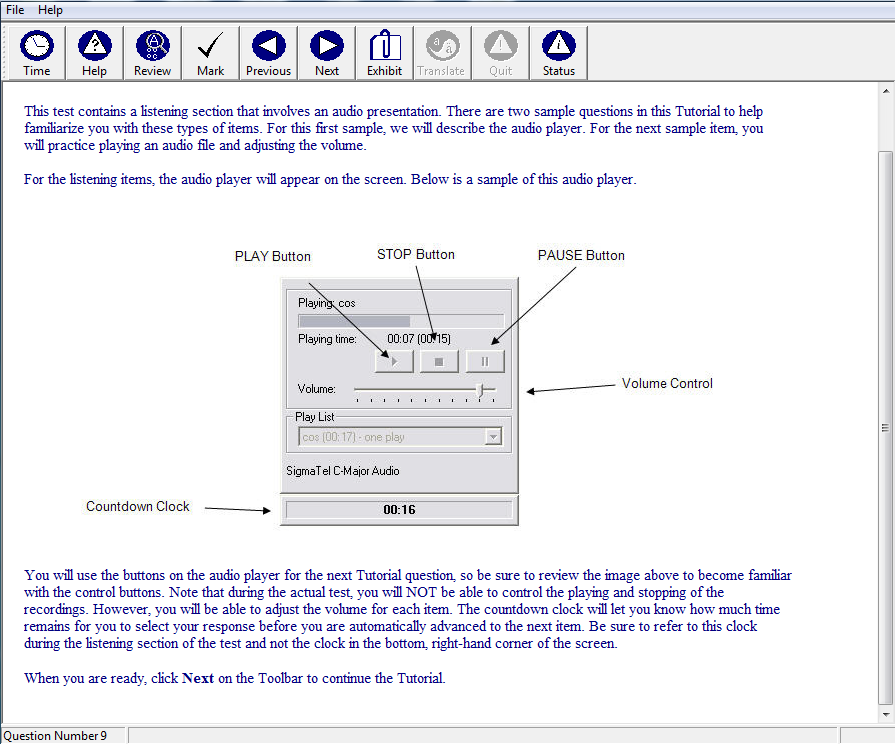 A screenshot of the tutorial is shown. The test toolbar is shown at the top of the screenshot.