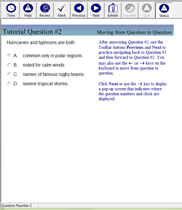 A slide from the tutorial is shown with a second sample multiple-choice question, labeled Tutorial Question Number 2, Moving from Question to Question.
