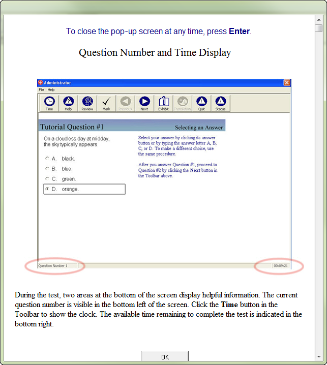 A slide from the tutorial is shown with the first sample multiple-choice question and is labeled Question Number and Time Display.