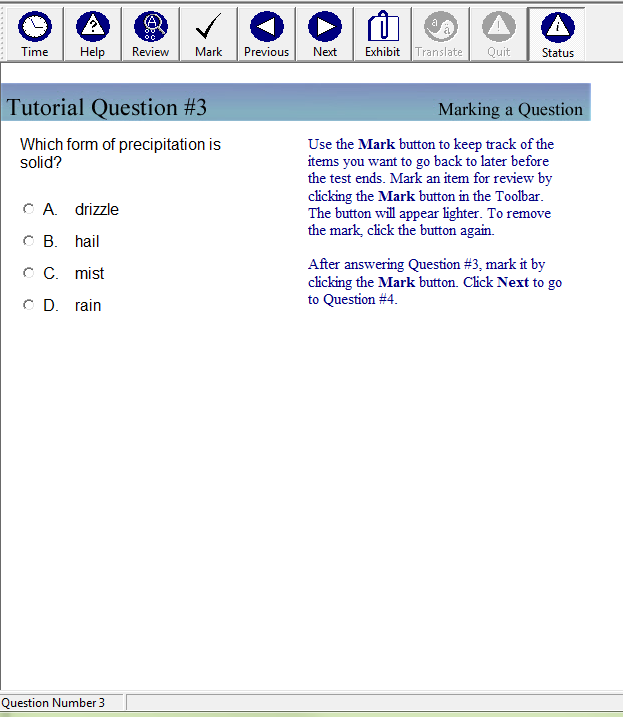 A slide from the tutorial is shown with a third sample multiple-choice question, labeled Tutorial Question Number 3, Marking a Question.