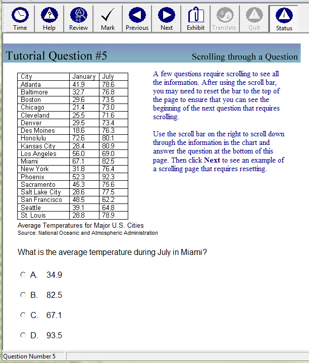 A slide from the tutorial is shown with a fifth sample multiple-choice question, labeled Tutorial Question Number 5, Scrolling Through a Question.
